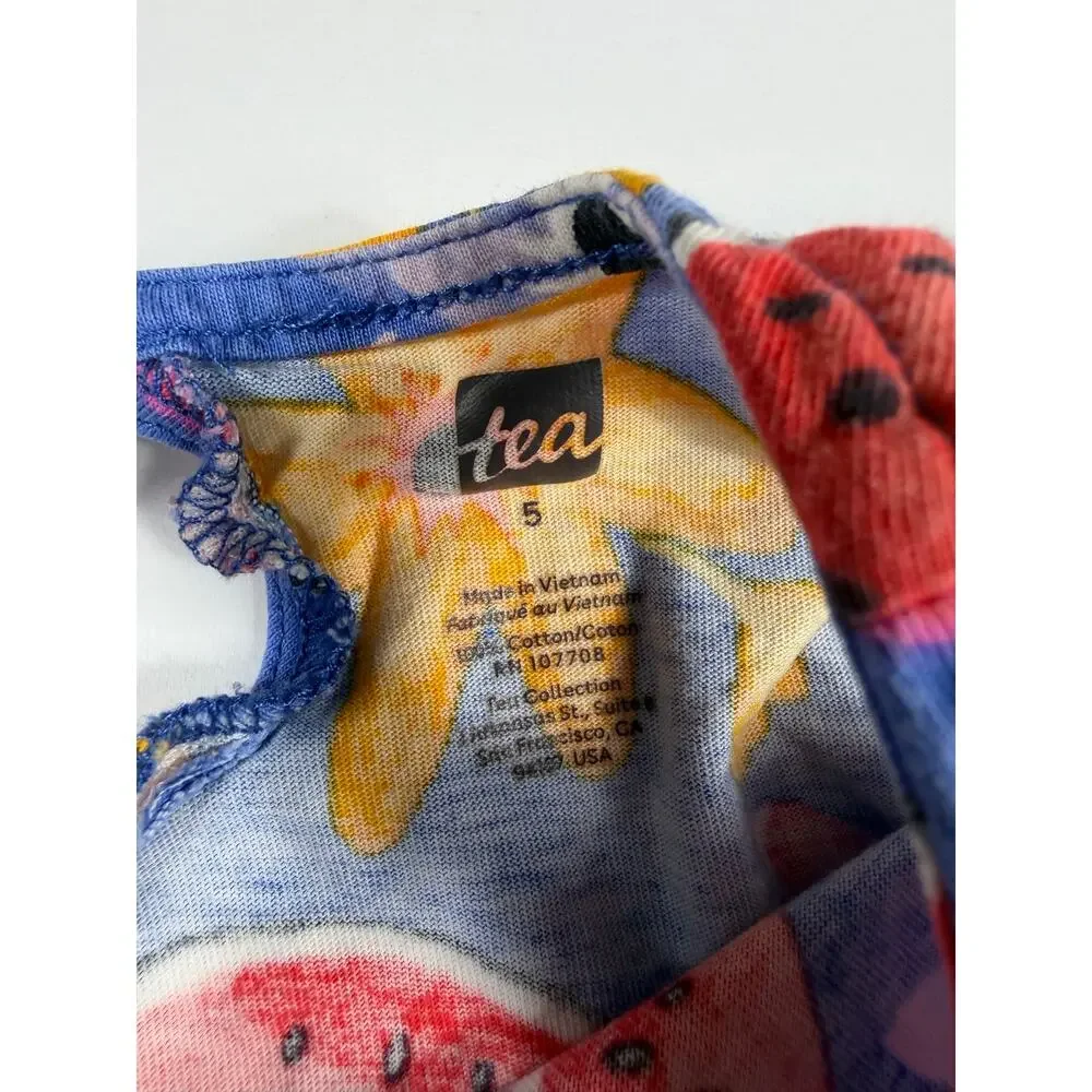 Tea Collection Watermelon Floral Tiered Twirl Dress Blue Size 5
